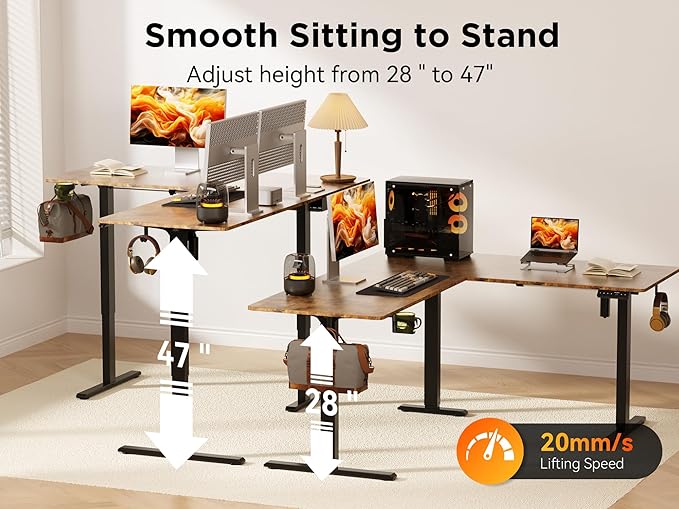 WALKINGDESK 63X55 Inches Reversible L Shaped Standing Desk Height Adjustable with Cup Holder, Electric Corner Computer Desk, Sit Stand up Home Office Desk, Ergonomic Gaming Desk, Rustic Brown