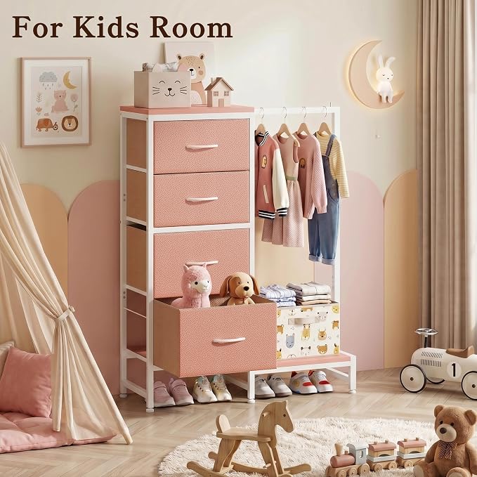 HIGDBFE Dresser with Hanging Rack, 4 Drawers Small Closet for Bedroom, Reversible Fabric Kids Chest of Drawers with Clothes Rack, Tall Storage Tower, Sturdy Frame, Pink, 44''H