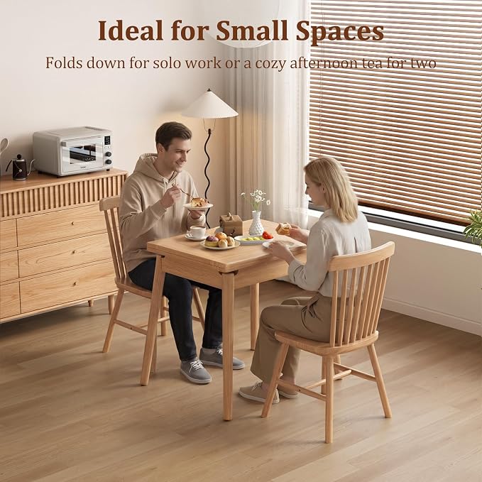 Solid Wood Small Dining Table, 23.6"L-47.2"L Expandable Kitchen Table for 2-6, Designed for Small Spaces, Easy Assembly, Suitable for Kitchen, Dining Room, Living Room, Apartment (Natural)