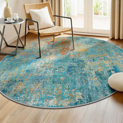RELEANY Washable Area Rugs 6ft Non-Slip Modern Abstract Soft for Living Room Entryway Bedroom Kitchen, Print Pattern, Teal Blue Green Orange Rust Red Coloreful