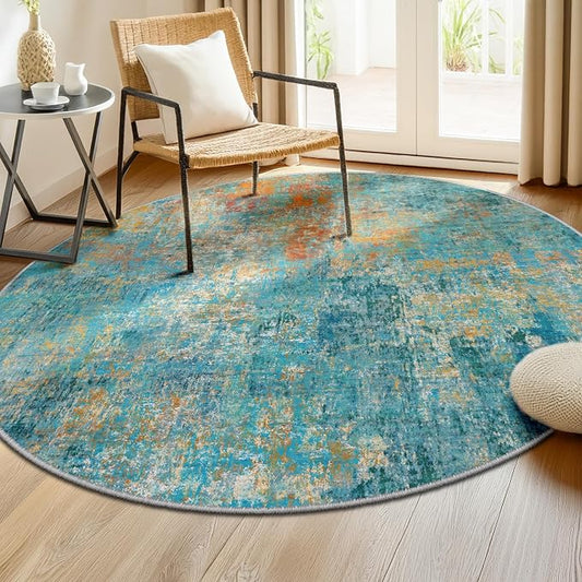 RELEANY Washable Area Rugs 8ft Non-Slip Modern Abstract Soft for Living Room Entryway Bedroom Kitchen, Print Pattern, Teal Blue Green Orange Rust Red Coloreful