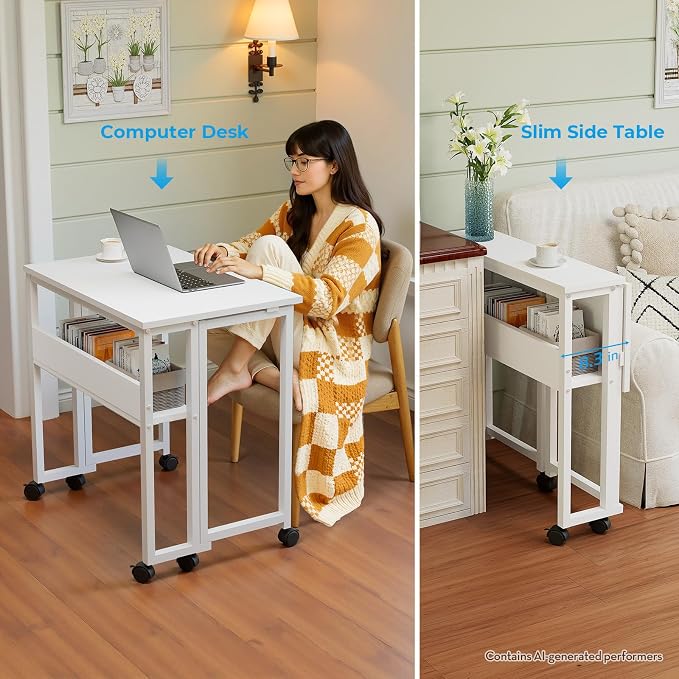 GreenForest Folding Desk with Wheels, 24.8 Inch Compact Rolling Computer Table with Storage Shelf, Portable Mobile Workstation for Small Spaces, Easy Assembly, Pure White