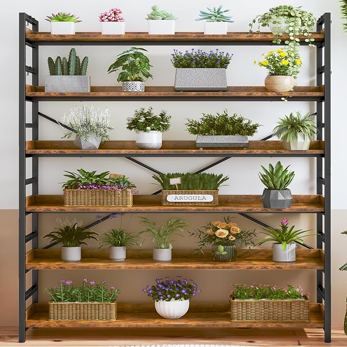 HCHQHS 6 Tier Bookshelf, Adjustable Industrial Bookcase, Vertical Tall Book Shelf, Wood and Black Metal Open Bookshelves for Home Office, Living Room, Bedroom