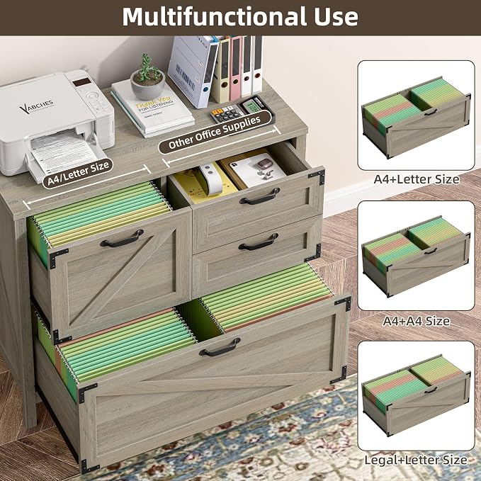 Wood Lateral File Cabinet with 4-Drawer for Hanging Files Letter/A4/Legal Size, Large Farmhouse Filing Cabinets for Home Office, Printer Stand with Office Cabinet, Office Furniture, Rustic Grey