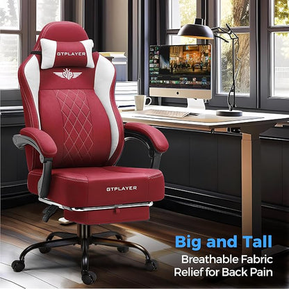 GTPLAYER Big and Tall Gaming Chair Breathable Fabric Computer Chair with Strong Lumbar Support, Comfortable Office Chairs with Pocket Spring Cushion, High Back Ergonomic Desk Chairs with Footrest