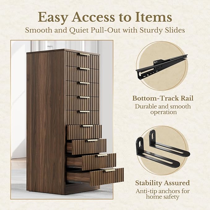 9 Drawer File Cabinet, Wooden Office Cabinet with Drawers, Fluted Storage Filing Drawer for Home Office, Black Walnut