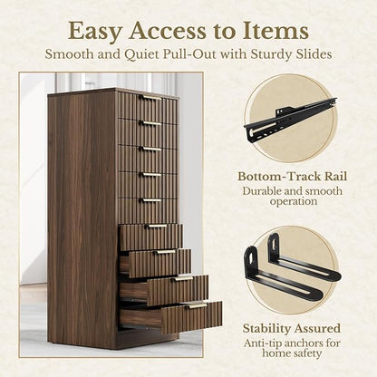 9 Drawer File Cabinet, Wooden Office Cabinet with Drawers, Fluted Storage Filing Drawer for Home Office, Black Walnut