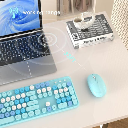 MPTOG Colorful Wireless Computer Keyboard and Mouse Combo with Round Typewriter Keycaps, Retro Design, Power Switch, Ergonomic Design, 2.4GHz Wireless for Windows, Mac, PC (Blue-Colorful)