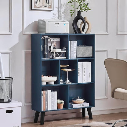 LEYAOYAO Cube Bookshelf 3 Tier Mid-Century Rustic Dark Blue Modern Bookcase with Legs,Retro Wood Bookshelves Storage Organizer Shelf,Freestanding Open Book Shelves for Bedroom,Living Room,Office
