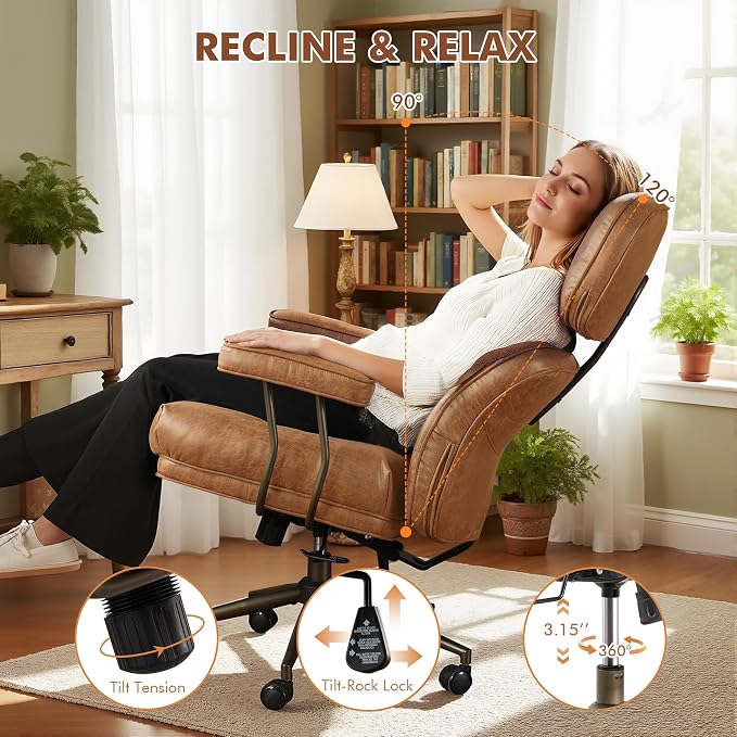 Faux Leather Executive Office Chair - Big and Tall Ergonomic Home Office Chair, Computer Desk Chairs with Lumbar Support,Adjustable Swivel Rolling PC Chairs with Wheels,Brown,Suede