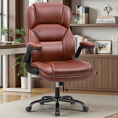 PU Leather Office Chair, Ergonomic High-Back Desk Computer & Gaming Chair with Adjustable Height, Rolling Swivel & Flip-Up Armrests, Comfy Padded Seat for Home Office-Brown