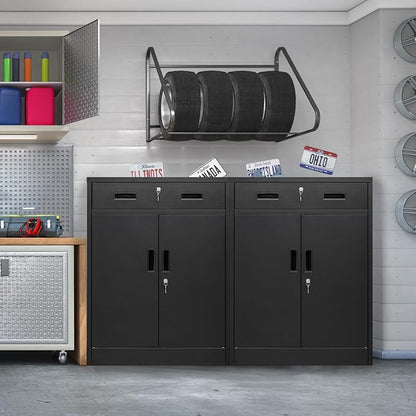 Wanfu Metal Storage Cabinet, 36" H x 28" W x 16" D Locking Cabinet with 1 Drawer and Adjustable Shelf, Metal Cabinets for Office, Garage, Home-Black