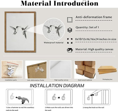 Vintage Wall Art Framed Hummingbird Canvas Print, Modern Farmhouse Birds Wall Decor, Living Room Sketch Painting Picture, Minimalist Black and White Bird Bedroom Decor – 16x24 inch