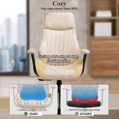 Mid Century Modren Office Chair,Computer Desk Swivel Task Chair with Wheels, High Back Ergonomic Executive Chair with Lumbar Support, Faux Lether Suede Fabric Home Chair (High Back, Beige)