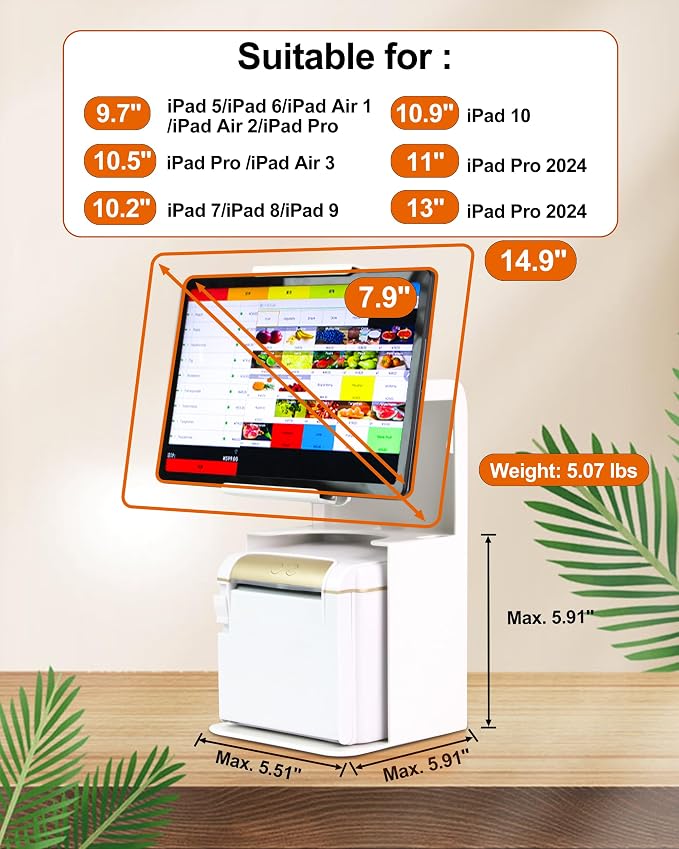 Zywell Tablet Kiosk TS32 White Stand with Thermal Printer Shelf for POS, Retail & Business All Metal no installation Tilting Secure Checkout Stand Suitable For 9.7-13 inch iPad And Tablet(Max.h 295mm)