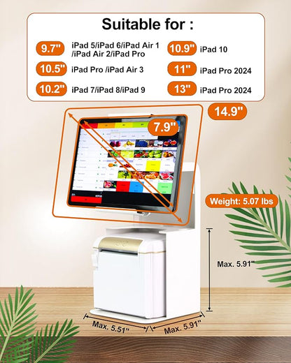 Zywell Tablet Kiosk TS32 White Stand with Thermal Printer Shelf for POS, Retail & Business All Metal no installation Tilting Secure Checkout Stand Suitable For 9.7-13 inch iPad And Tablet(Max.h 295mm)