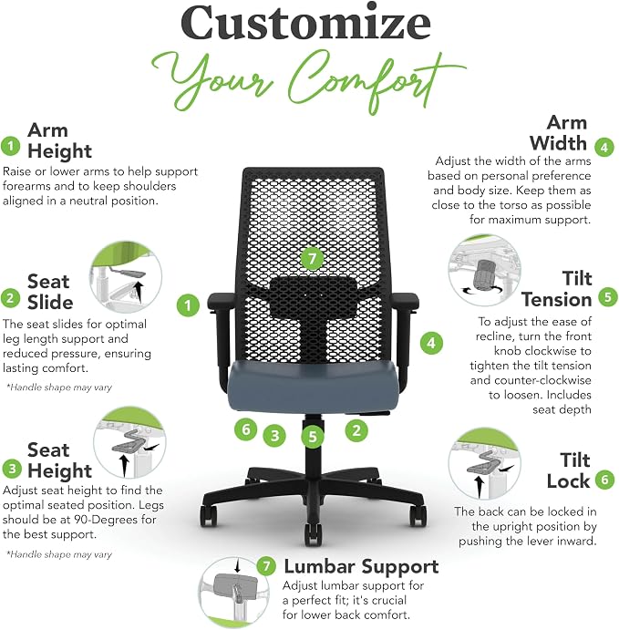 HON Ignition 2.0 ReActiv Ergonomic Office Chair, Mesh Desk Chair with Lumbar Support, Synchro‑Tilt Recline, Height and Width Adjustable Arms, Swivel Wheels, Black Frame, Nimbus