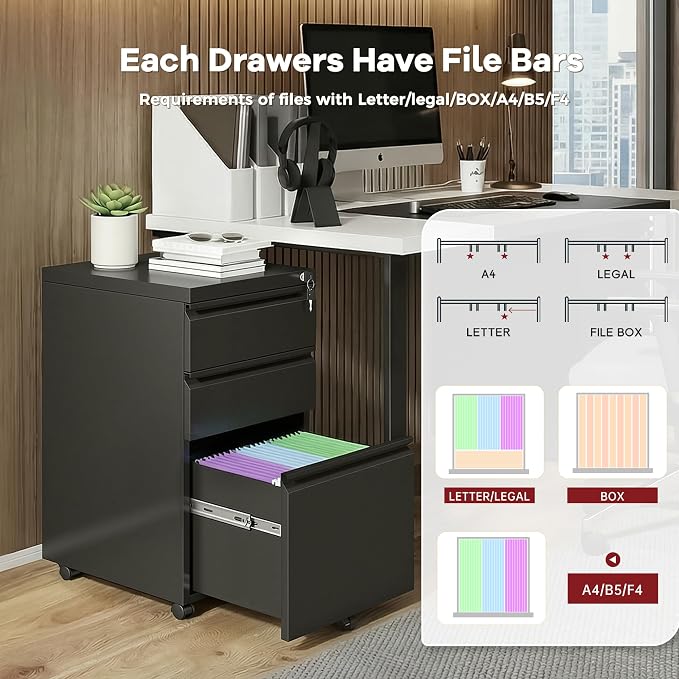 Bonusall 【Fully Assembled】 3 Drawer File Cabinet with Lock, Small Under Desk Filing Cabinet for Home Office, Fully Assembled Metal Rolling Storage Fits A4/Letter/Legal, Black