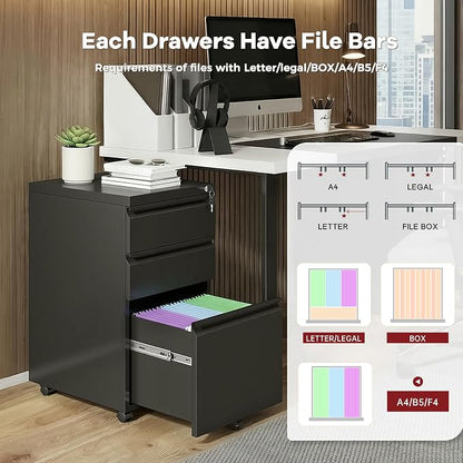Bonusall 【Fully Assembled】 3 Drawer File Cabinet with Lock, Small Under Desk Filing Cabinet for Home Office, Fully Assembled Metal Rolling Storage Fits A4/Letter/Legal, Black