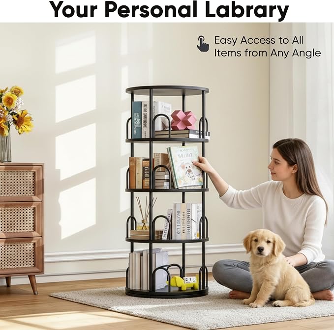 4 Tier Rotating Bookshelf Tower for Kids, Small Narrow Corner Book Shelf for Childrens, Toddler, Nursery Bookcase for Toy, Lego Dispaly Shelf for Bedroom Living Room Office Kitchen Shelf Tower