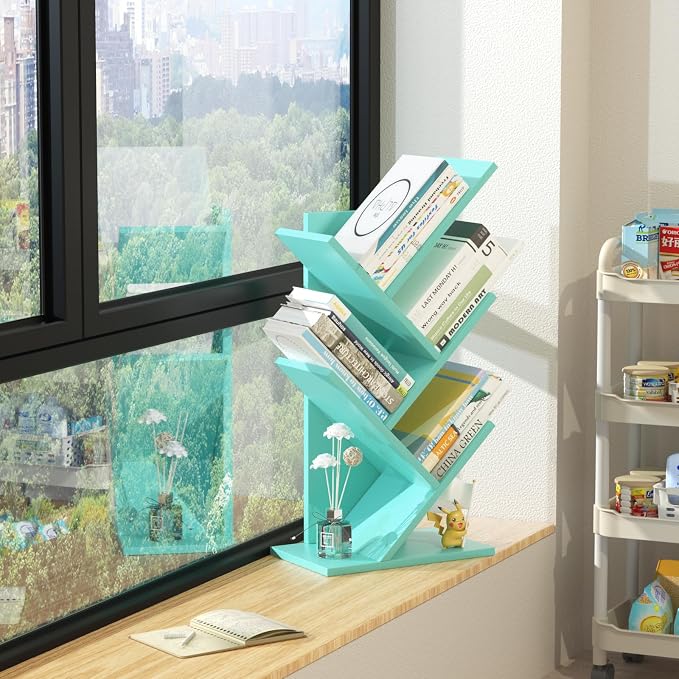 SHEEPAM 5 Tier Tree Book Shelf, Small Desktop Bookshelf with Storage Organizer, Wood Bookcase, Desk Display Bookshelves, Floor Standing Organizer Bookcases for Living Room,Bedroom,Office-Green