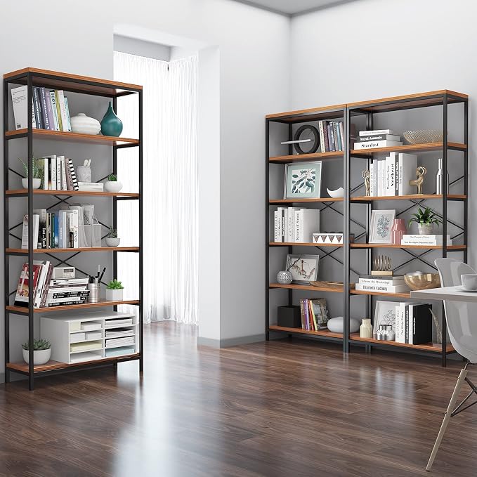 Himimi 6 Tier Industrial Bookshelf, Vintage Standing Storage Shelf, Display Shelving Units, Tall Bookcase, Industrial Metal Book Shelves for Living Room Bedroom and Home Office