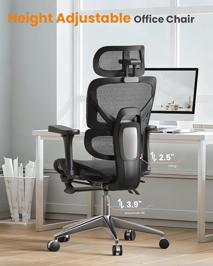naspaluro Ergonomic Office Chair, High Back Mesh Desk Chair, 350lbs Capacity, Lumbar Support, 3D Armrest Headrest, Footrest, PU Wheels, Swivel Computer Chair for Home Office, Work & Gaming
