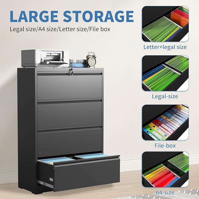 4 Drawer File Cabinets,Metal Office Storage Filing Cabinet with Lock,Black Lateral Filing Cabinet for Home Office,Horizontal Locking File Cabinet for Legal/Letter/A4,Assembly Required,Black