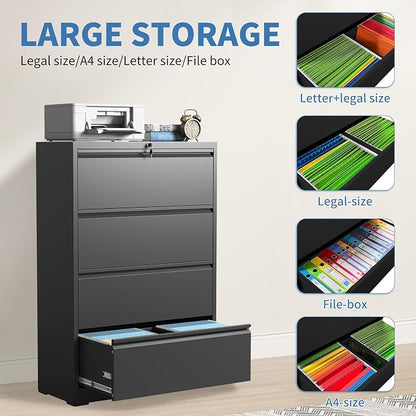 4 Drawer File Cabinets,Metal Office Storage Filing Cabinet with Lock,Black Lateral Filing Cabinet for Home Office,Horizontal Locking File Cabinet for Legal/Letter/A4,Assembly Required,Black