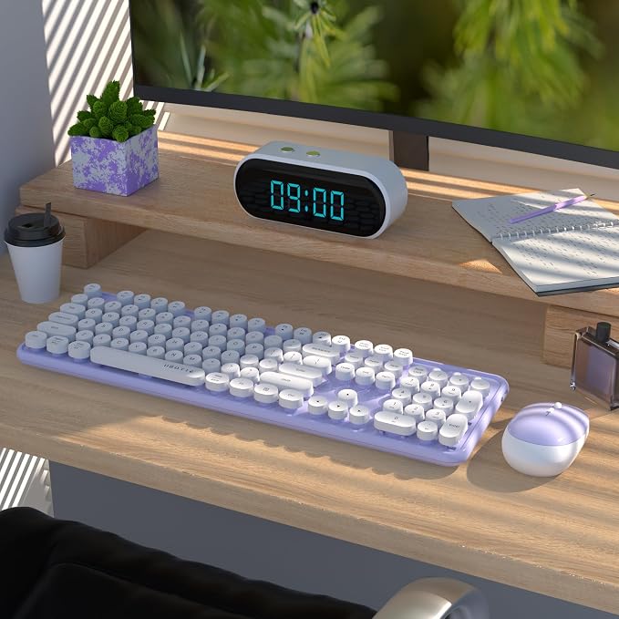 UBOTIE Colorful Wireless Keyboard and Mouse Combos, Retro Typewriter Floating Flexible Full-Sized Keys Computer Keyboard with Optical Mouse, 2.4GHz USB-A Connection for Windows Mac (Purple-White)