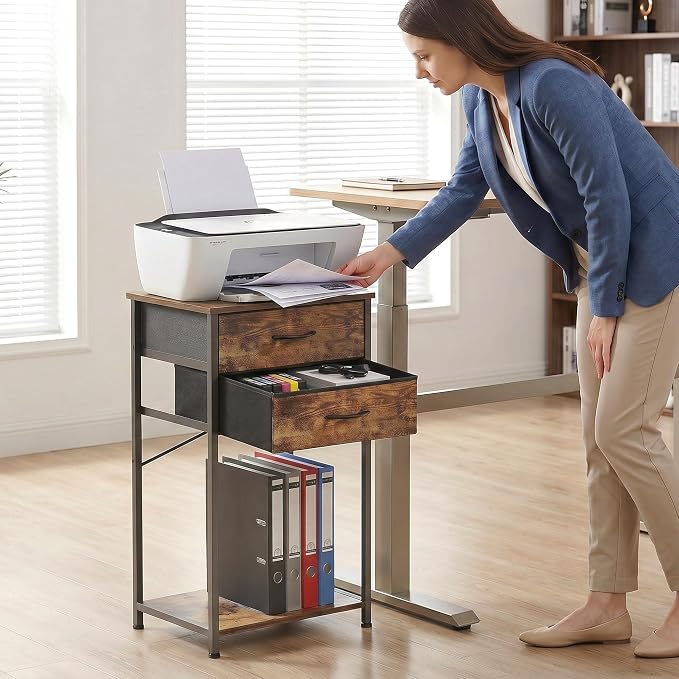 Small Printer Stand with Fabric Drawer & Storage Side Table | Sturdy compact build, works as nightstand end table & accent table. Ideal for bedroom living room & home office daily storage