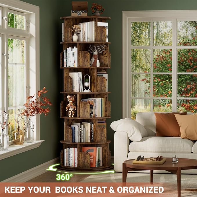 Besiost Rotating Bookshelf Tower, 6 Tier Spinning Bookcase, Revolving 360 Book Shelf Narrow Tall Bookcase, Vertical Turning Round Bookshelf Organizer, Corner Bookshelf for Small Space, Rustic Brown