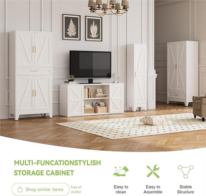 Baborokic 71" Tall Metal Storage Cabinet with Adjustable Shelves,Farmhouse Kitchen Pantry Cabinet with 2 Barn Doors and Drawer,Large Storage Cabinets for Dining Room,Office,Kitchen(White)
