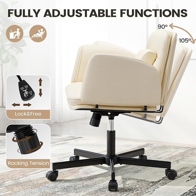 Furmax Vanity Chair with Adjustable Armrests, Comfortable Oversized PU Leather Criss Cross Chair with Wheels, Wide Office Desk Chair for Home, Make Up, Bed Room (Beige)