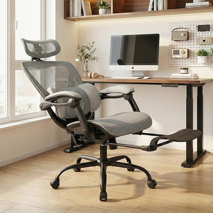 MALOL Ergonomic Mesh Office Chair with Footrest, Executive High Back Computer Desk Chair with 3D Adjustable Headrest & 5-Level Lumbar Support, Reclining Tilt Lock, 3D Arms, 300LBS Capacity, White