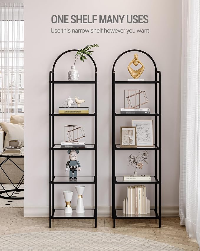 Hzuaneri Bookcase Bookshelf, Tempered Glass Bookshelves, Slim Shelving Unit for Bedroom, Bathroom, Home Office, Steel Frame, 6 Tier Black BC10601B