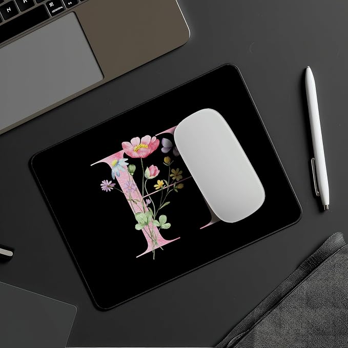 Mouse Pad Pinks Flowers Initial Letters Mousepad Desktop Laptop Computer Accessories Home Office Gaming Work Desk Computer Non-Slip Rubber Monogram Floral Alphabet A-Z mousepad (H)