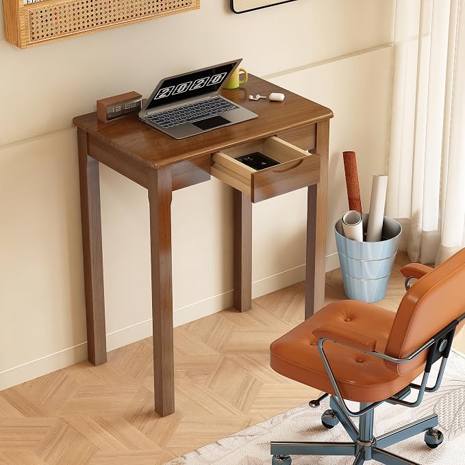 100% Solid Wood Desk with Drawers 24 x 16 Inch Mid Century Modern Desk Vintage Small Writing Wooden Desks for Small Spaces Bedroom, Living Room, Office