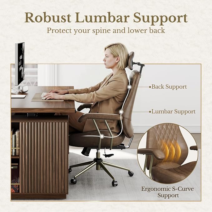 High Back Office Chair with Lumbar Support - Ergonomic Executive Desk Chair, Adjustable Swivel Computer Chair in Premium Faux Leather for Home Office Comfort, Brown