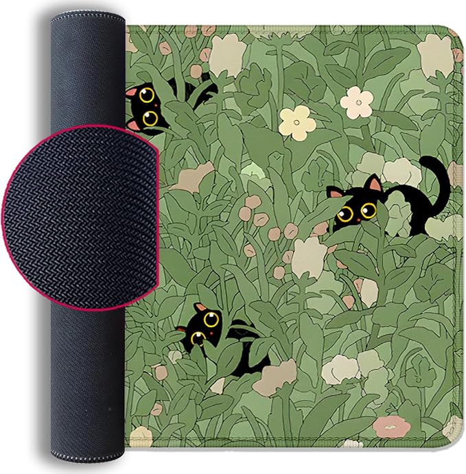 Cute Cats Desk Pad Mouse Pad,Sage Green Plants Flowers Floral Mouse Mat Large,Stitched Edges Non-Slip Waterproof Rubber Base Mous Mat for Office Home Work Gaming(27.5X11.8 in)