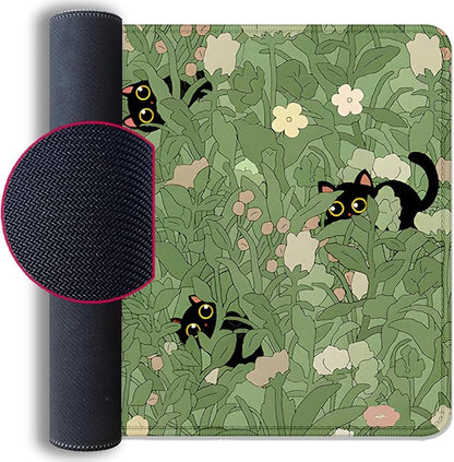 Cute Cats Desk Pad Mouse Pad,Sage Green Plants Flowers Floral Mouse Mat Large,Stitched Edges Non-Slip Waterproof Rubber Base Mous Mat for Office Home Work Gaming(27.5X11.8 in)