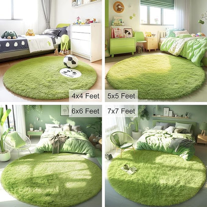OLANLY Grass Green Round Rugs for Bedroom - Machine Washable, 6 ft Circle Area Rugs for Living Room, Soft and Fluffy Shaggy Carpet for Teen Girls and Boys, Nursery Rooms, Dorms, Home Decor Aesthetic