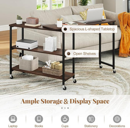 Tangkula Large 360° Free Rotating Sofa Side Table, Patented Mobile Couch Desk with 2-Tier Storage Shelves, Movable Laptop Desk with Sturdy Metal Frame, Extendable Couch Snack Table for Home Office