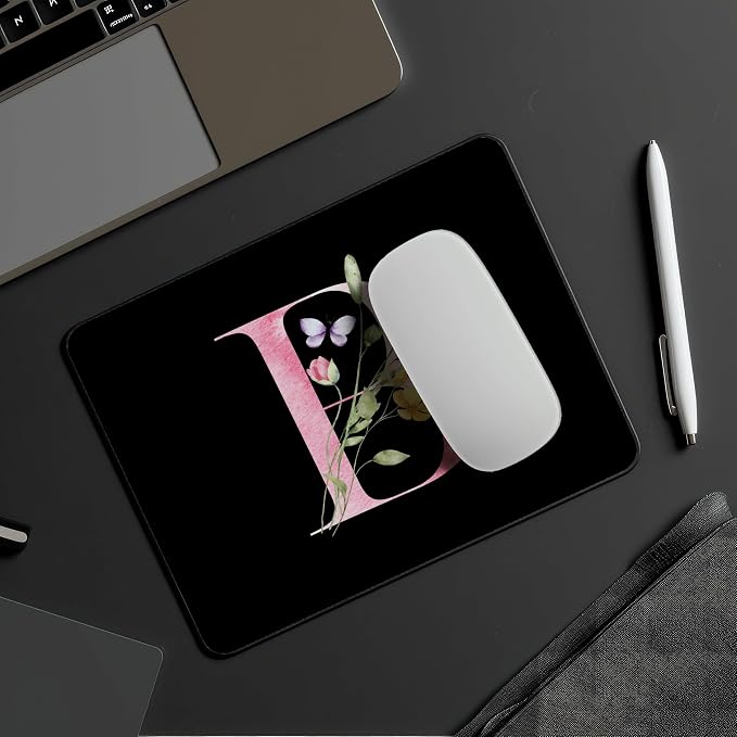Mouse Pad Pinks Flowers Initial Letters Mousepad Desktop Laptop Computer Accessories Home Office Gaming Work Desk Computer Non-Slip Rubber Monogram Floral Alphabet A-Z mousepad (B)