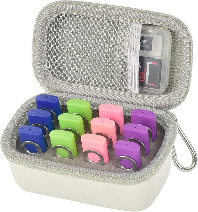 Comecase 12 Slots USB Flash Drive Case, Hard Shell Organizer for Thumb Drives & Jump Drives with Carabiner, Portable USB Case with Removable Pre-cut Sponge & SD Card Mesh Pocket (White, Small)