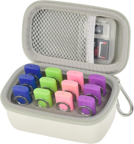 Comecase 12 Slots USB Flash Drive Case, Hard Shell Organizer for Thumb Drives & Jump Drives with Carabiner, Portable USB Case with Removable Pre-cut Sponge & SD Card Mesh Pocket (White, Small)