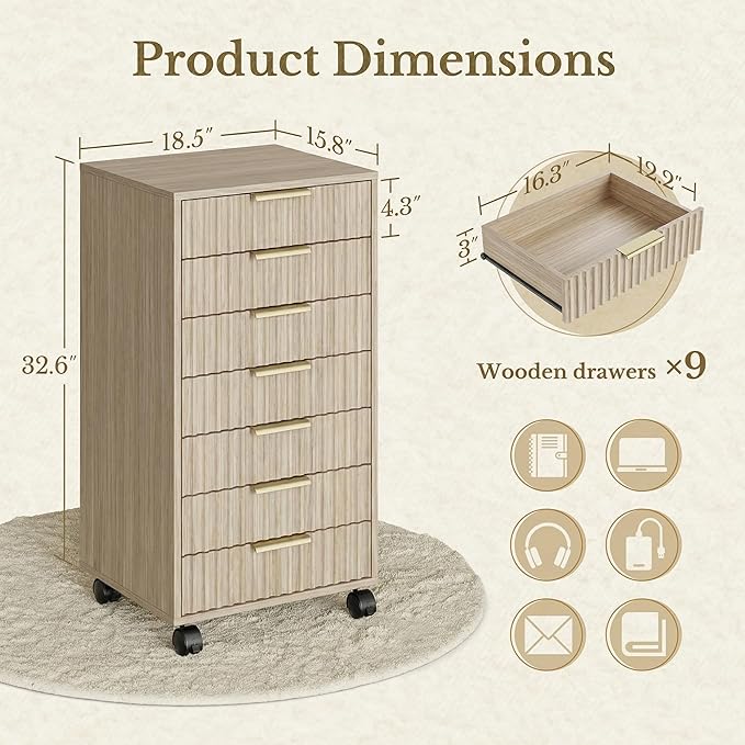 7 Drawer File Cabinet with Wheels for Home Office, Light Walnut | Fluted 7 Drawer Chest, Wood File Cabinet with Lockable Wheels, Anti-Tip Design