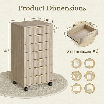 7 Drawer File Cabinet with Wheels for Home Office, Light Walnut | Fluted 7 Drawer Chest, Wood File Cabinet with Lockable Wheels, Anti-Tip Design