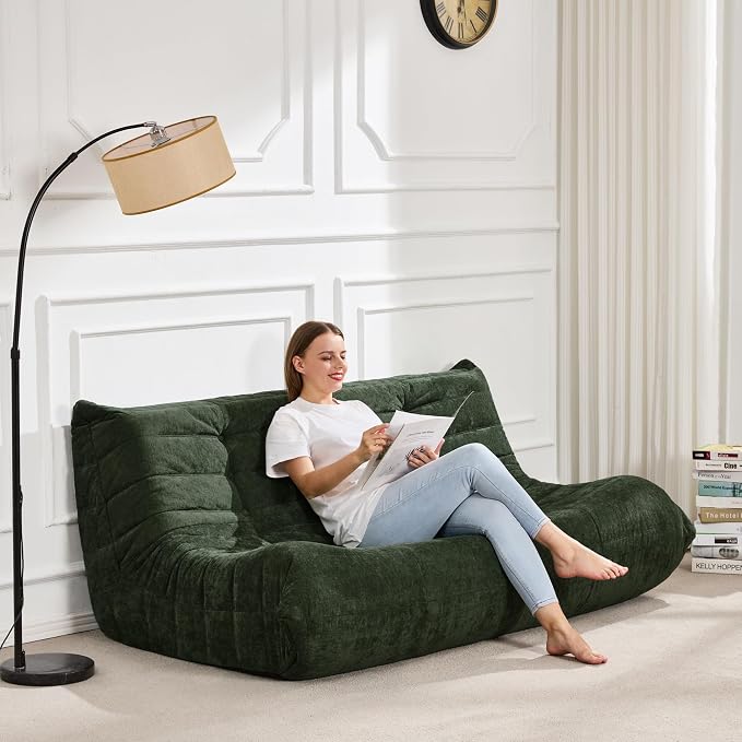 Hobestluk Giant Bean Bag Chair Faux Fur BeanBag Couch for Living Room | Green Chenille, 3-Seater,Ergonomic Design,Memory Foam,Anti-slip Bottom,No Assembly Required,Decorative Style for Living Room