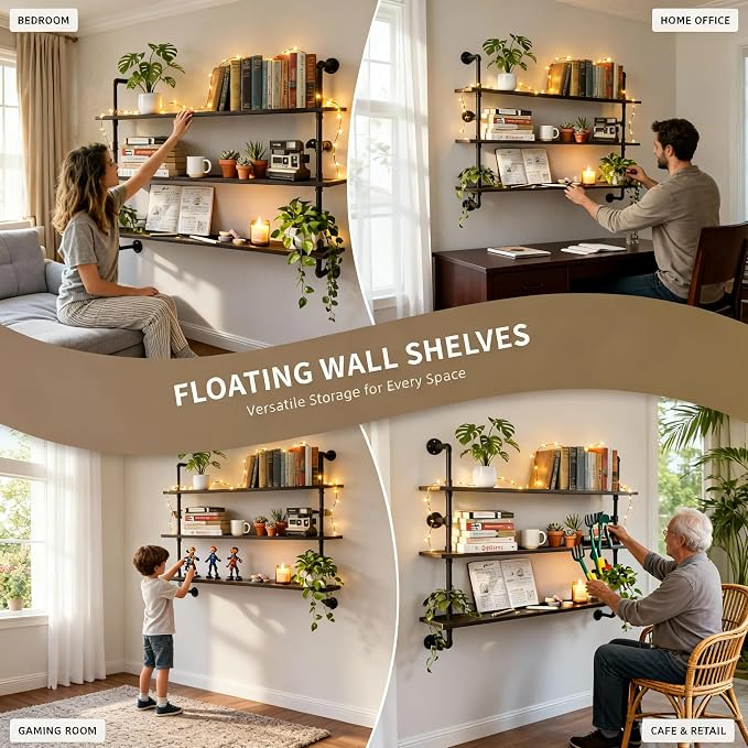 HDDFER Industrial Pipe Shelving Rustic Black Wall Shelves with Wood Planks Industrial Floating Shelves 48 Inch 3 Tier Farmhouse Bookshelf Pipe Shelves Wall Mounted,Open Shelving For living room/office